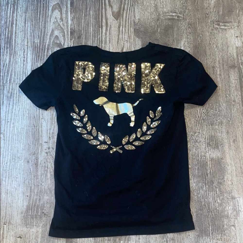 PINK Victoria's Secret Black and Gold T-Shirt